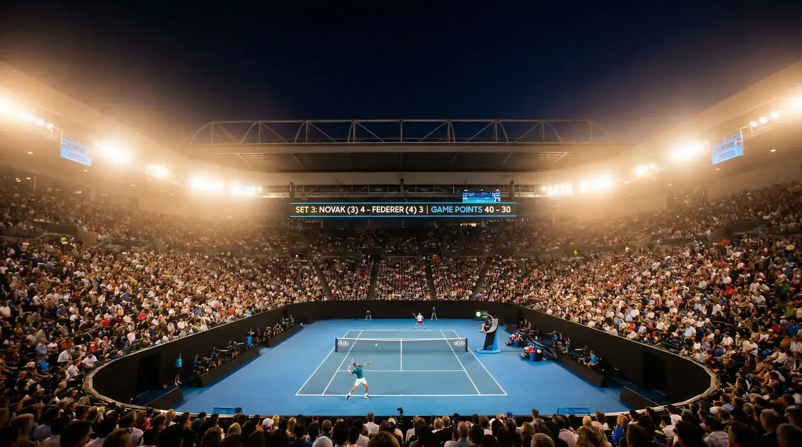 Partido de tenis en directo con tablero de puntuación iluminado en un estadio nocturno