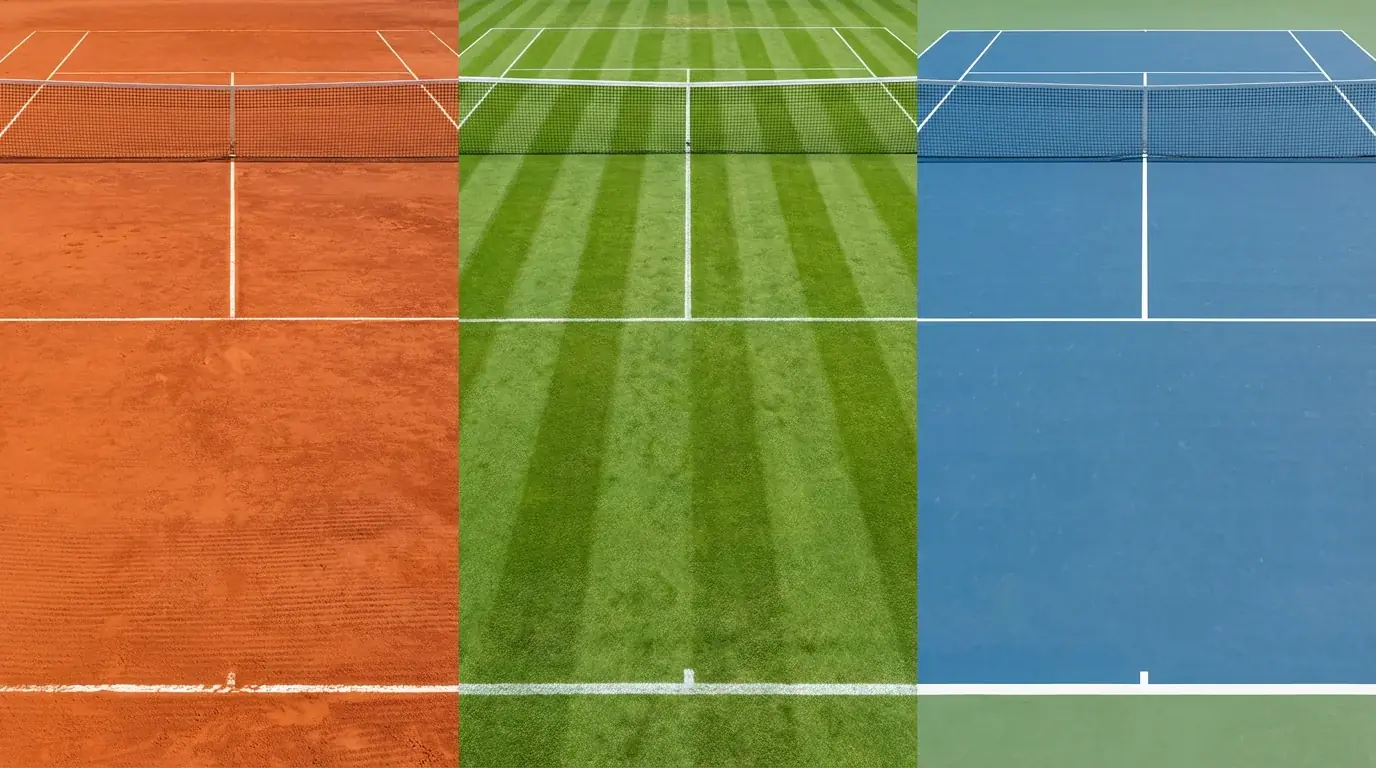 Tres superficies de tenis: tierra batida, hierba y pista dura vistas desde la línea de fondo